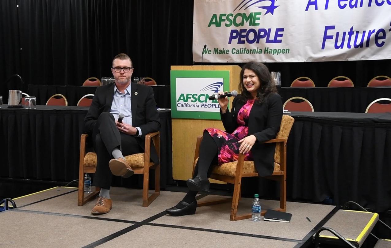 Council 57 Executive Director Michael Seville talks to CalPERS Board President Priya Mathur during a fireside chat at the AFSCME California PEOPLE Convention