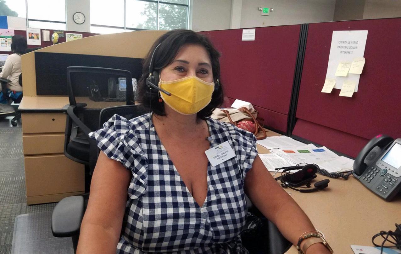 AFSCME Local 1 member and librarian Rita Carrasco has been working as a disaster service worker in the call center during the COVID-19 pandemic.