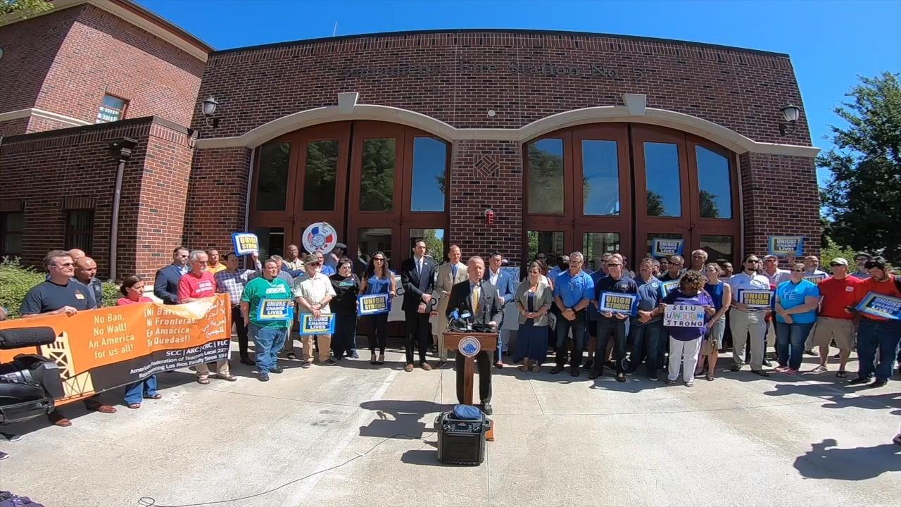 Sacramento Mayor Darrell Steinberg joined labor and community leaders in expressing their thoughts against the Janus v. AFSCME decision. (Photo by Sacramento Bee)