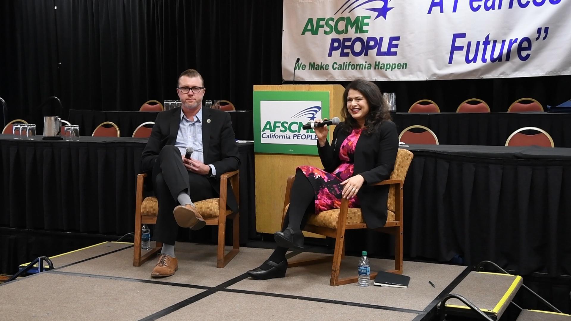Council 57 Executive Director Michael Seville talks to CalPERS Board President Priya Mathur during a fireside chat at the AFSCME California PEOPLE Convention