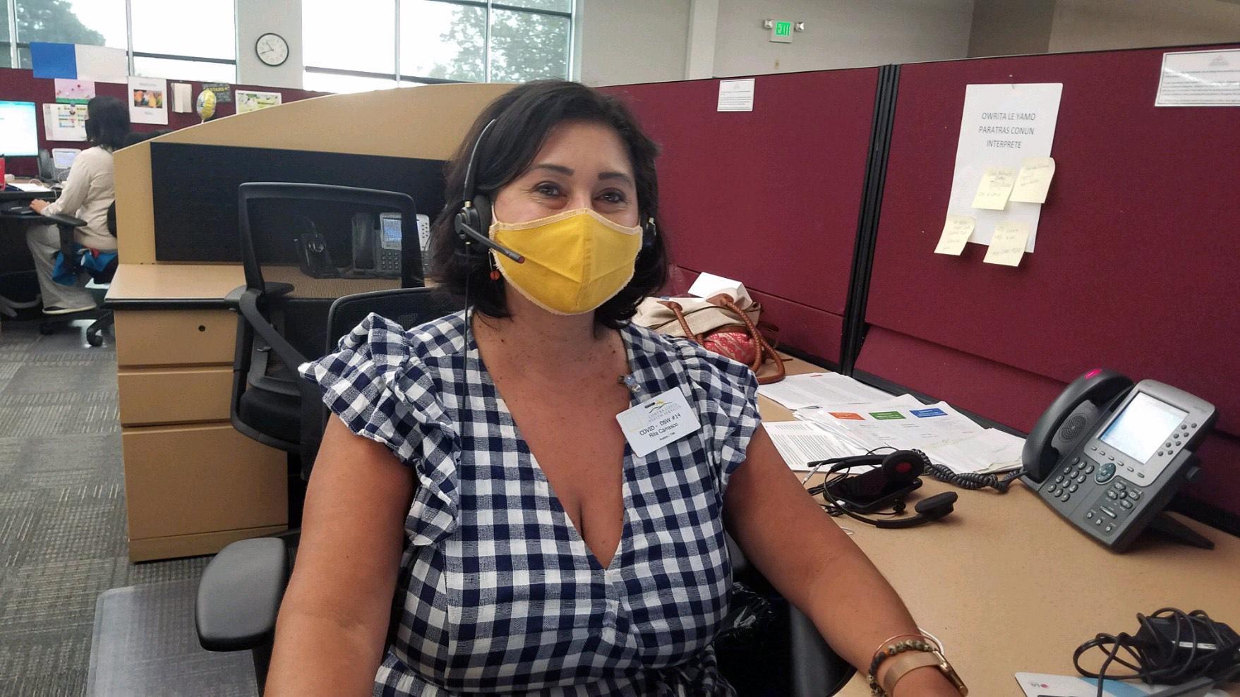 AFSCME Local 1 member and librarian Rita Carrasco has been working as a disaster service worker in the call center during the COVID-19 pandemic.